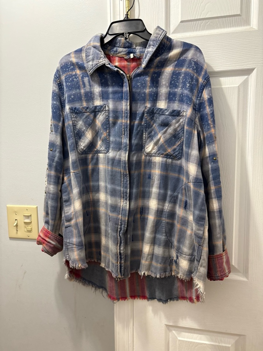 Free People Blue Deconstructed Plaid Denim Shirt Jacket Studded Zip Up - Picture 2 of 6